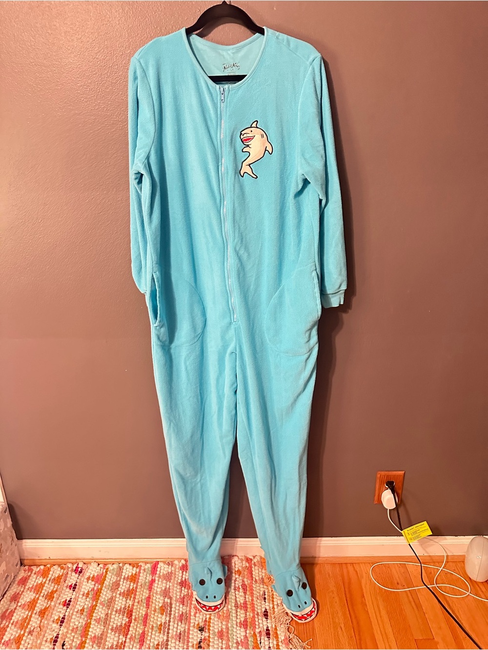 Nick & Nora Shark Onesie Adult L Blue Fleece Footed Pajamas Costume